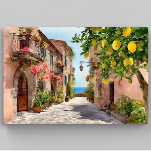 Vibrant Italian Lemon Tree Street Art | Amalfi Coast Watercolor Wall Art | Mediterranean Village Decor | Sunny Travel Art