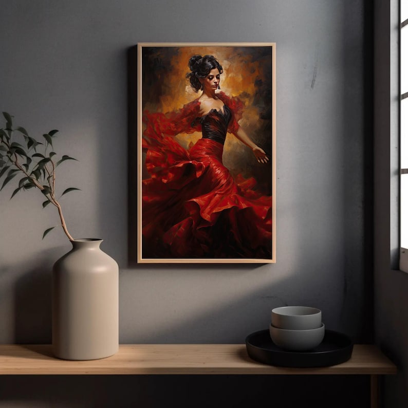 Flamenco Dancer Canvas Print, Spanish Art, Red Dress image 3