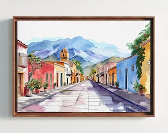Mexican Town Watercolor Canvas Print, Colorful Street Scene, Framed Wall Art