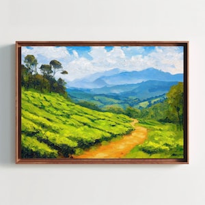 Kerala Wall Art | Kerala Tea Plantation and Hills Oil Painting | South Indian Painting Canvas Print | Framed Indian Decor for Living Room