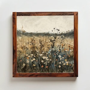 Wildflower Vintage Square Canvas Print, Rustic Farmhouse Floral Art, Muted Botanical Wall Decor for Living Room or Bedroom
