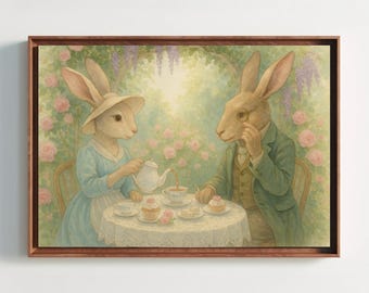 Rabbit Tea Party Canvas Print | Whimsical Cottagecore Nursery Art