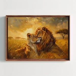 Romantic Lion Couple Canvas Print - Extra Large Oil Painting of Male and Female Lions Nuzzling at Sunset - Golden Savanna Wildlife Wall Art