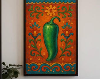 Mexican Folk Art Chili Pepper Canvas Print, Rustic Kitchen Decor
