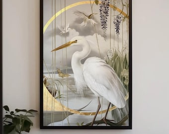 White Egret Canvas Print - Modern Gold Bird Wall Art