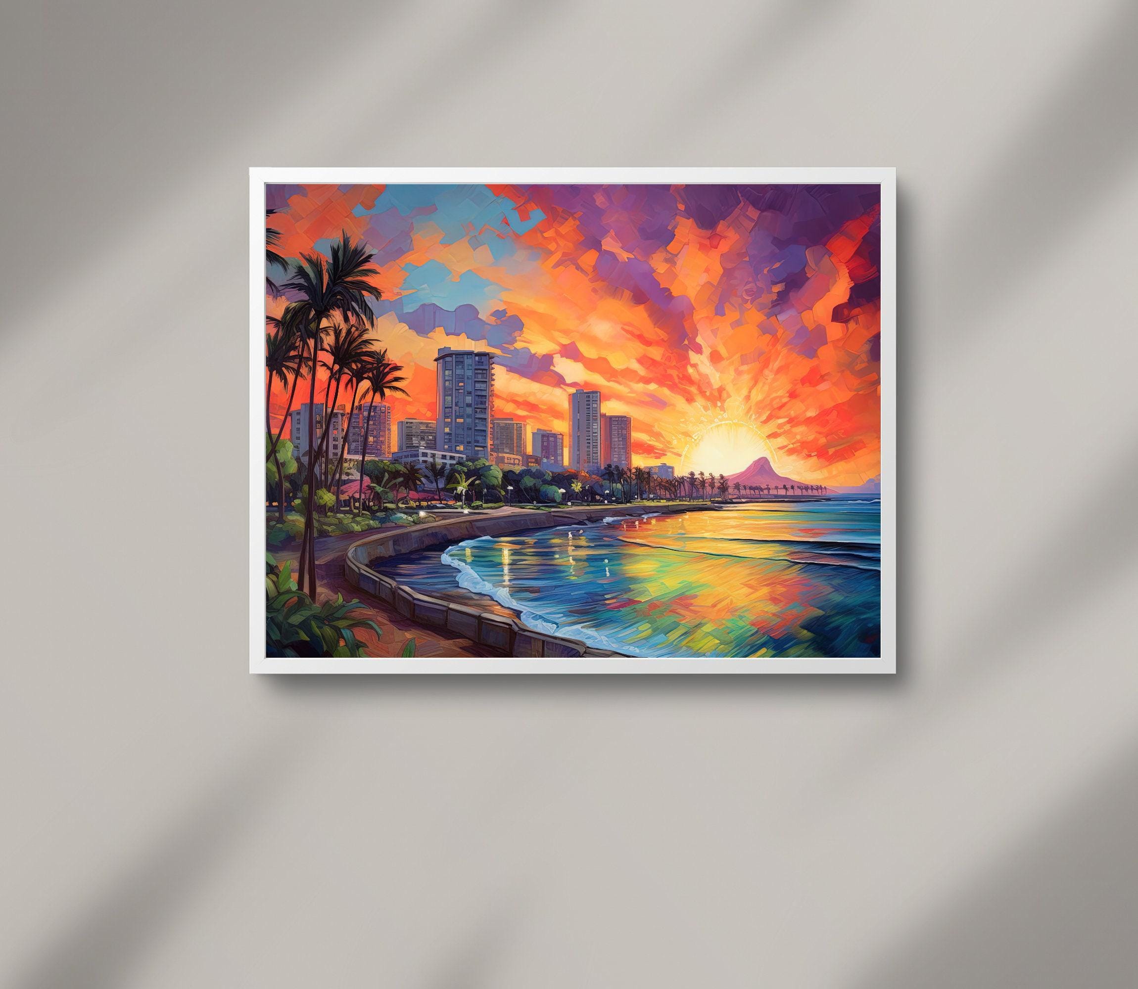 Honolulu Sunset Canvas Print | Waikiki Beach, Hawaiian Art - Etsy