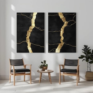 Kintsugi Canvas Print Set | Black & Gold Abstract Diptych