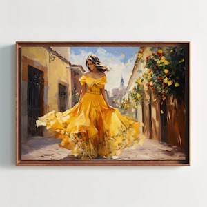 Girl In a Yellow Dress On Mexican Street Painting, Mexican Wall Art Decor, Mexico Paining, Latin Home Decor, Framed Canvas and Poster