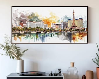 Las Vegas Strip Canvas Art – Nevada Watercolor Landscape, Framed Poster