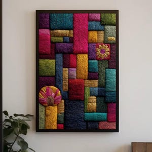 Abstract Embroidery Style Canvas Print – Colorful Geometric Wall Art