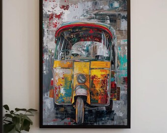 May include: A framed wall art print featuring an abstract, textured painting of a yellow and red three-wheeled auto rickshaw. The vehicle is depicted with a weathered, distressed paint finish against a chaotic, multi-colored urban background.
