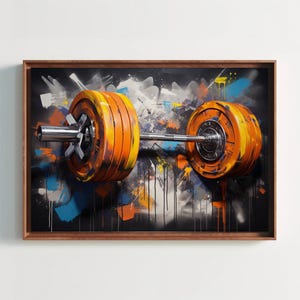 Graffiti Gym Large Canvas Print, Barbell Graffiti Wall Art, Motivational Fitness, Home Gym Decor, Ready To Hang Framed Print and Canvas