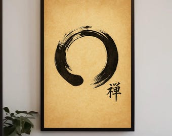 Zen Enso Circle Japanese Calligraphy Canvas Art with Minimalist Ink Brush Stroke and Kanji Symbol for Meditation Decor