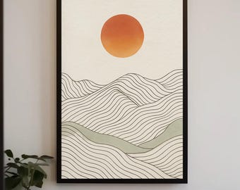 Japandi Landscape Canvas Print | Minimalist Sun & Hills Line Art
