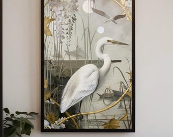 Egret Canvas Print: Gold & White Bird Wall Art, Framed