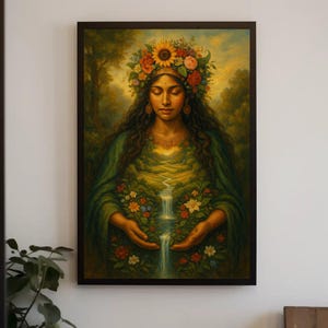 Pachamama earth goddess canvas painting wall art for nature inspired home decor with floral river landscape and divine feminine spirit