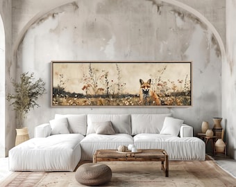 Red Fox Wildflower Field Vintage Oil Painting, Rustic Canvas Art