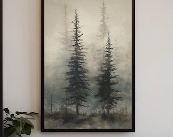 Framed Foggy Pine Forest Canvas Print | Misty Woodland Wall Art