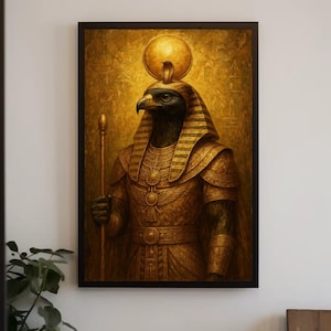 Egyptian God Ra Canvas Print Art, Horus with Sun Disc, Ancient Egypt Painting, Gold Pharaoh Wall Decor, Egypt Artwork Gify