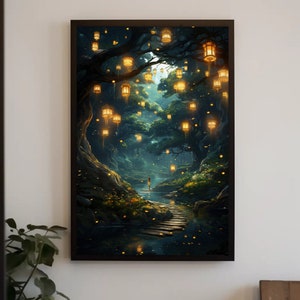 Spiritual Forest Large Canvas Wall Decor | Lanterns and Trees Forest Wall Art | Gloomy Magical Forest | Fantasy Painting | Ready To Hang