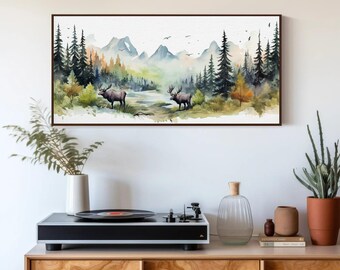 Moose Watercolor Canvas Print, Forest Landscape Wall Art, Framed