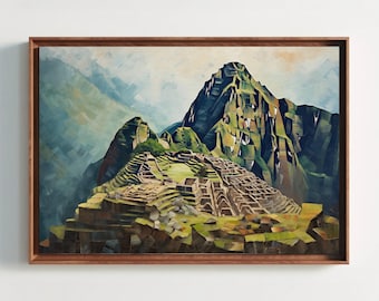 Puede incluir: Una impresión artística enmarcada que presenta una pintura impresionista de las ruinas de Machu Picchu frente a un imponente pico montañoso. La obra utiliza una paleta de verdes profundos, marrones terrosos y azules suaves con pinceladas visibles.