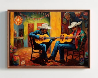 May include: An oil painting depicting two musicians wearing white cowboy hats and blue jeans, each seated on a wooden chair while playing an acoustic guitar. The scene is set in a vibrant yellow room with warm lighting and colorful decor.