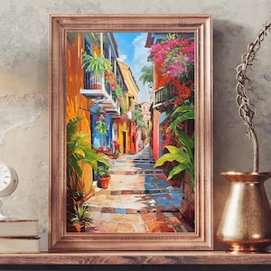 Colombia Art Painting, Street of Cartagena Art Poster, Colombian Artwork, Colorful Colombian Art, Cartagena Art, Colombian Print