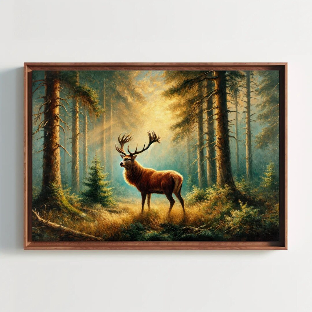 Stag in Misty Forest Canvas Print | Rustic Wildlife Wall Art - Etsy UK