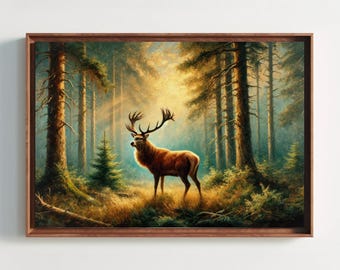 Hert in Misty Forest Canvas Afdruk | Rustieke muurkunst met wilde dieren