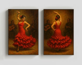 Flamenco Dancer Canvas Print Set, Spanish Art, Red Dress