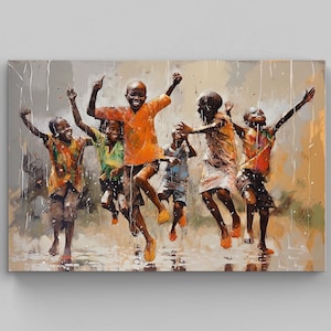 African Kids Playing Canvas Art - Black Art - African Children in rain - African Art - African Home Decor - African Wall Art - African Gift