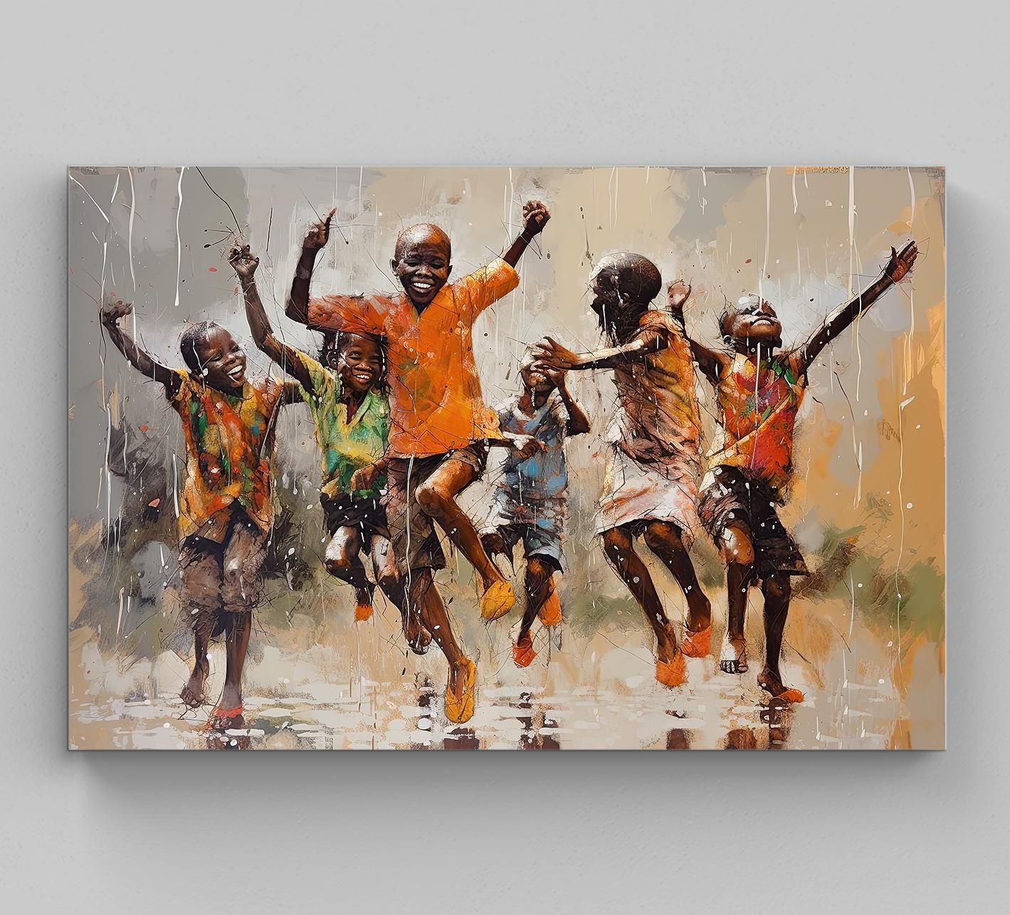 African Kids Playing Canvas Art - Black Art - African Children in rain - African Art - African Home Decor - African Wall Art - African Gift