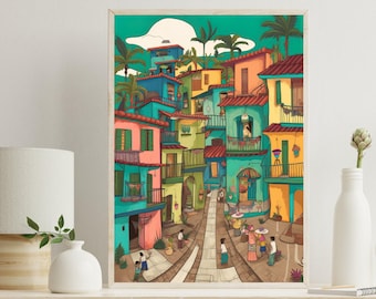 May include: A vertical art print depicting a vibrant town scene with colorful buildings in shades of turquoise, yellow, and pink. The illustration features narrow cobblestone streets, palm trees, and small figures walking through the town square.