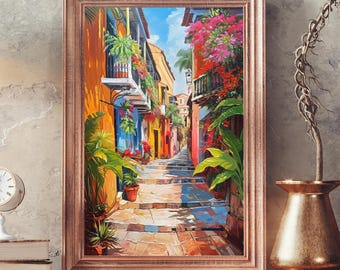 May include: A framed painting depicting a narrow cobblestone street lined with vibrant yellow and orange buildings, lush green potted plants, and cascading pink flowers under a bright blue sky, captured in a vertical orientation with a wooden frame.