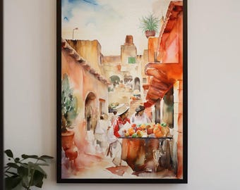 Mexican Town Street Watercolor Canvas Print, Vertical Mexico Wall Art
