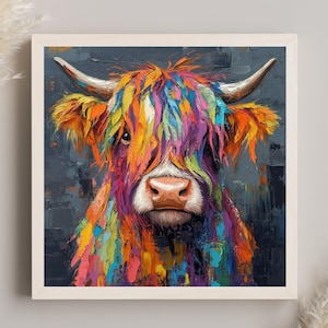 Colorful Highland Cow Canvas Print, Modern Farmhouse Wall Art