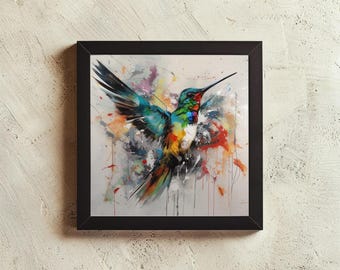 ハチドリアート - モダンな額入りキャンバス鳥の絵画