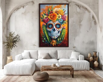 Mexican Sugar Skull with Cactus Canvas Print, Colorful Day of the Dead Art, Vibrant Mexican Wall Decor, Traditional Folk Painting