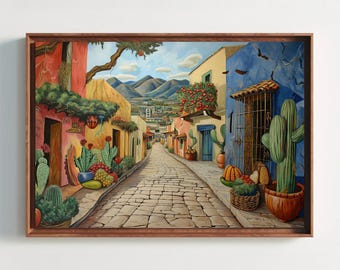 Mexican Street Art Canvas Print, Colorful Town Scene, Ready to Hang