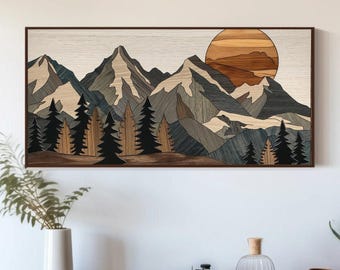 Wood Effect Mountain Canvas Art, Rustic Decor, Ready To Hang