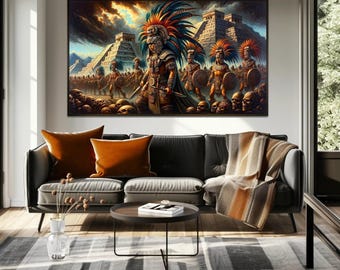 Lienzo con la imagen de guerreros aztecas, decoración mexicana enmarcada