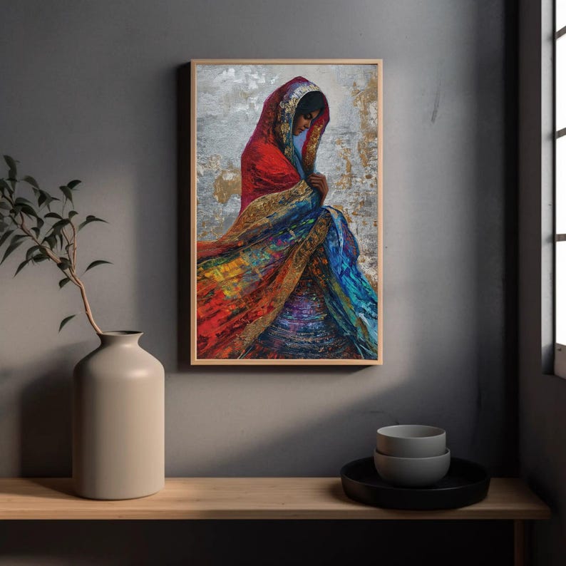 a painting of a woman sitting on a table