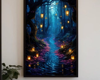 Fantasy Forest Canvas Art | Spiritual Forest Framed Canvas Decor| Lanterns and Trees Decor | Fantasy Painting Home Decor | Ready To Hang