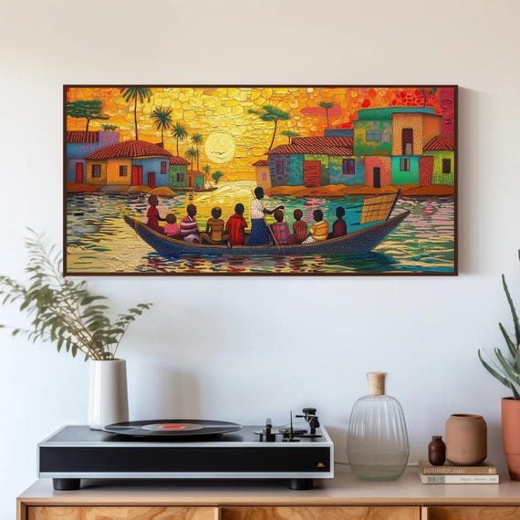 Ghana People on Boat Canvas Art, African Home Decor, Framed/Unframed