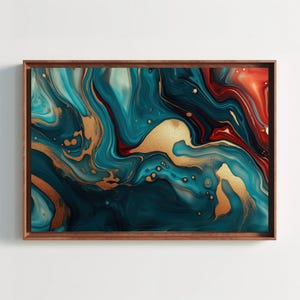 Abstract Fluid Art Canvas Print, Molten Gold and Marbled Resin, Turquoise and Burgundy Swirls, Modern Wall Decor for Living Room or Office