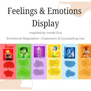 May include: A colorful educational display titled "Feelings & Emotions" inspired by the movie Inside Out. The display is designed for emotional regulation and classroom use. It features illustrations of characters representing different emotions.