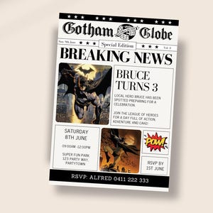 May include: A Batman-themed birthday party invitation designed to resemble a newspaper. The headline reads "BREAKING NEWS" with the text "BRUCE TURNS 3". The invitation includes event details and a "POW!" graphic.