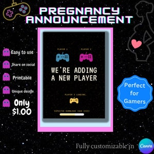 May include: A pregnancy announcement card with a black background and a pink border. The text reads "We're adding a new player" with controller graphics. Additional text includes "Player 3 loading" and "Expected download (Aug 2023)".