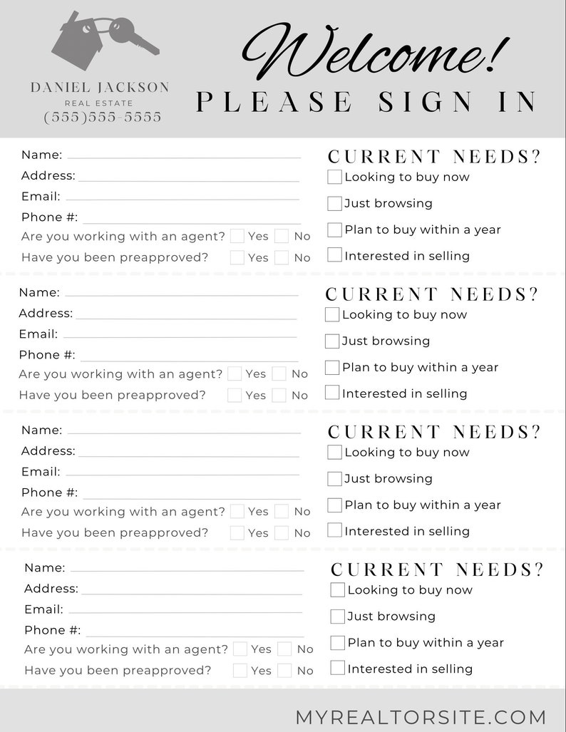 Open House Sign in Sheet Template For Realtors And Real Estate Etsy